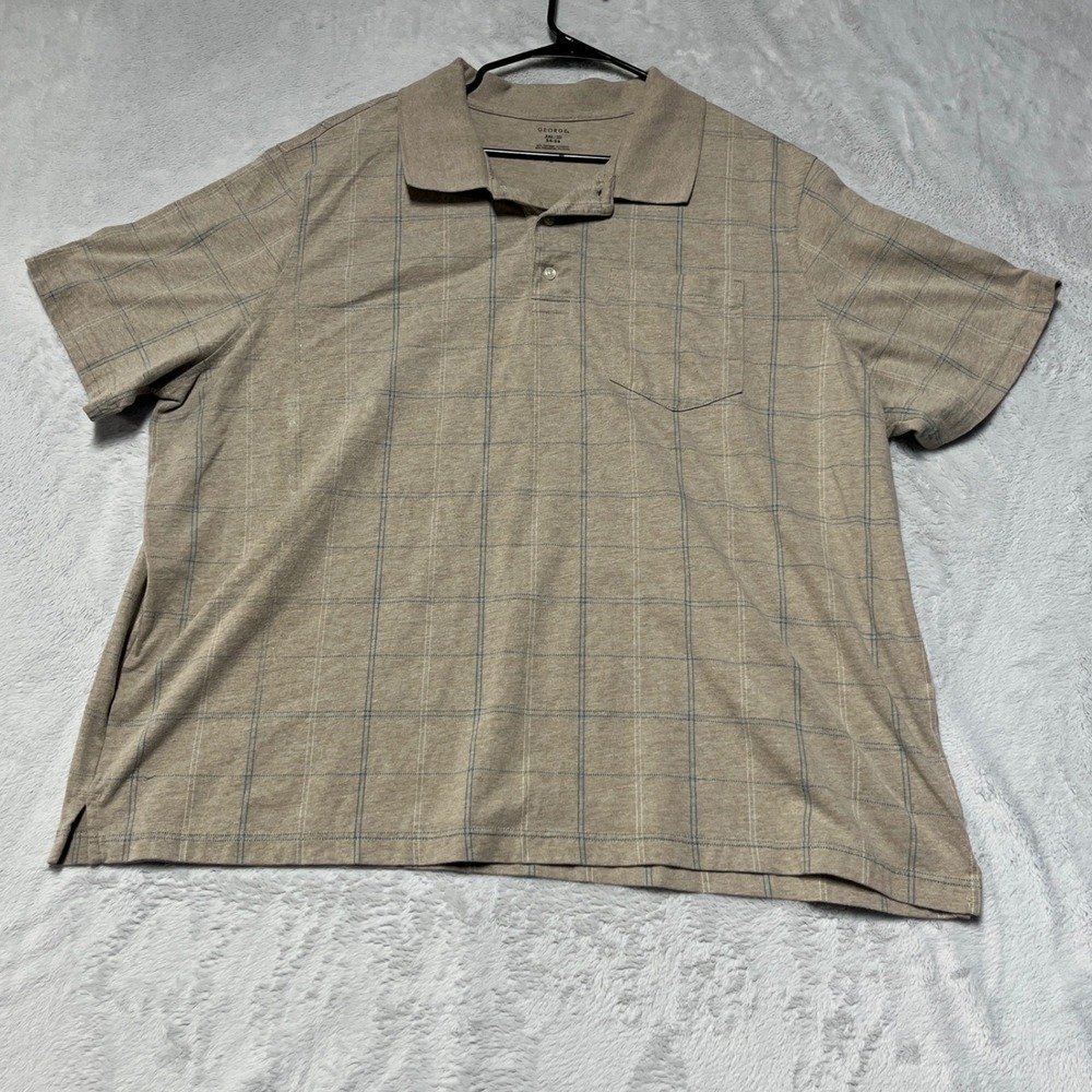 George Polo Shirt Mens 3XL Tan Plaid Short Sleeve Pocket Casual